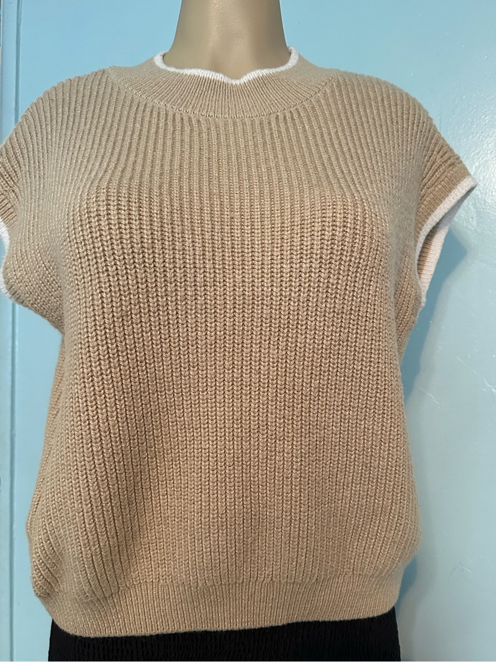 SO Camel Crewneck Knit Shell with White Trim